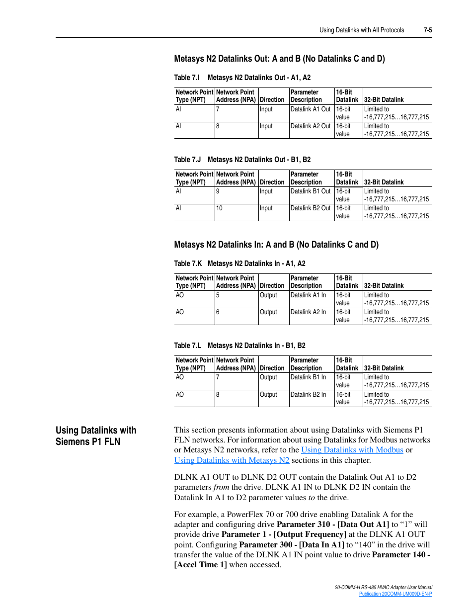 Using datalinks with siemens p1 fln, Using datalinks with siemens p1 fln -5, Sections | Rockwell Automation 20-COMM-H RS485 HVAC Adapter FRN 2.xxx User Manual | Page 71 / 100