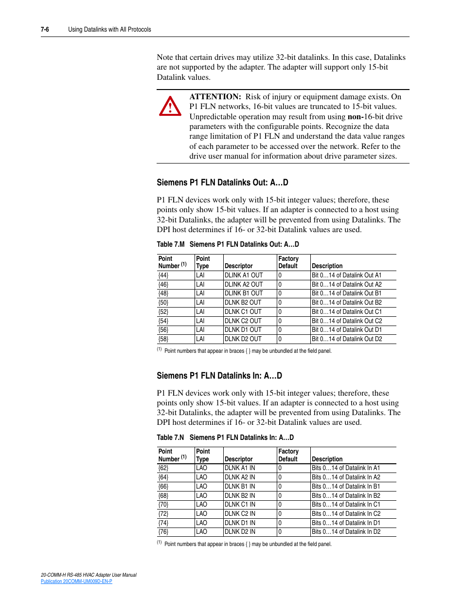 Siemens p1 fln datalinks out: a…d, Siemens p1 fln datalinks in: a…d | Rockwell Automation 20-COMM-H RS485 HVAC Adapter FRN 2.xxx User Manual | Page 72 / 100