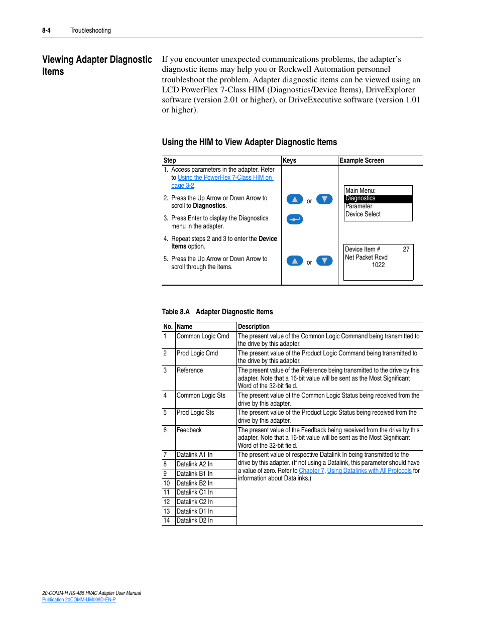 Viewing adapter diagnostic items, Using the him to view adapter diagnostic items, Viewing adapter diagnostic items -4 | Rockwell Automation 20-COMM-H RS485 HVAC Adapter FRN 2.xxx User Manual | Page 76 / 100