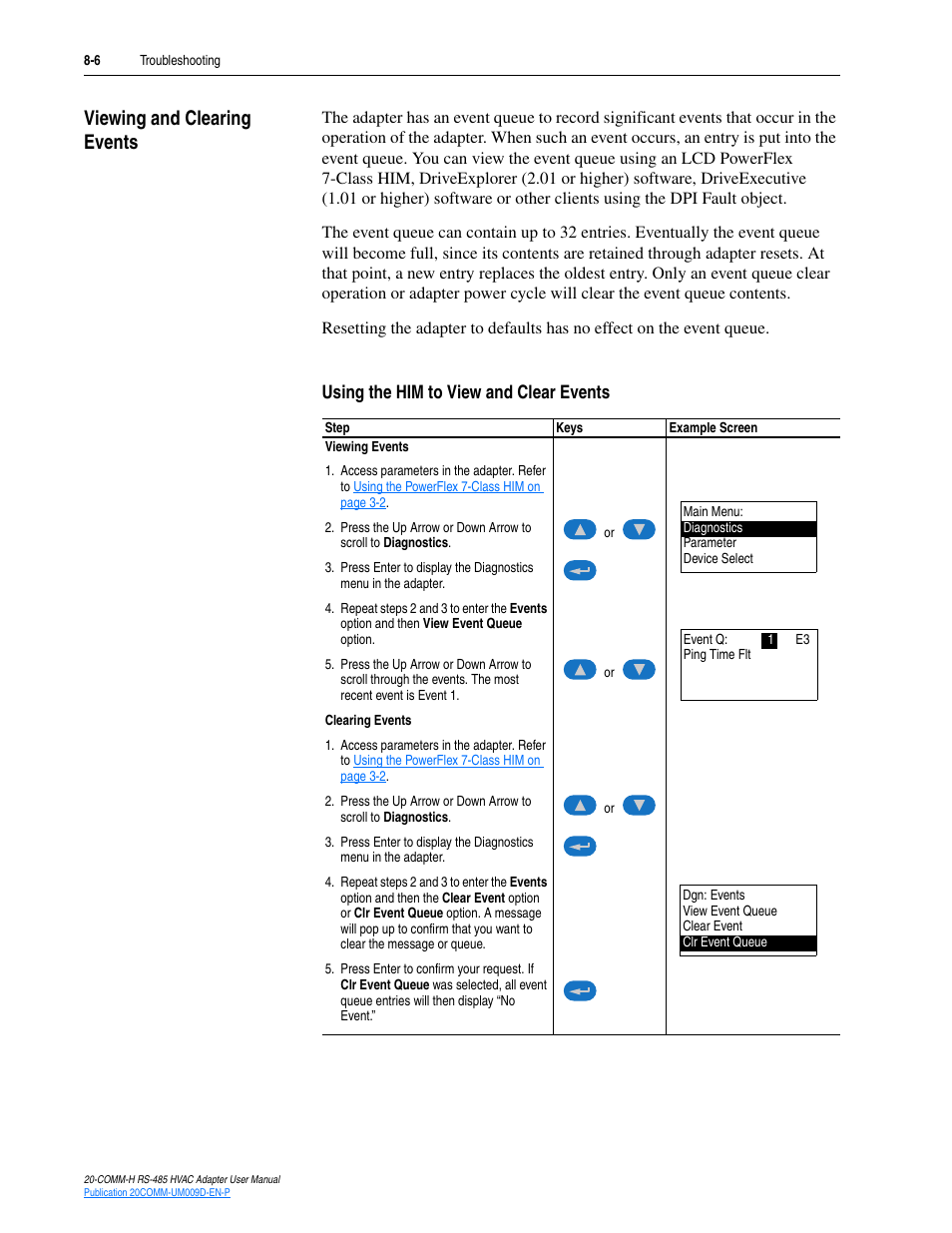 Viewing and clearing events, Using the him to view and clear events, Viewing and clearing events -6 | Rockwell Automation 20-COMM-H RS485 HVAC Adapter FRN 2.xxx User Manual | Page 78 / 100