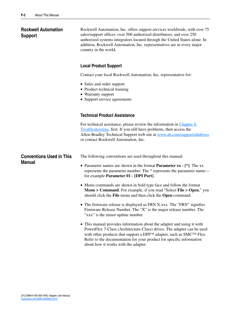 Rockwell automation support, Local product support, Technical product assistance | Conventions used in this manual | Rockwell Automation 20-COMM-H RS485 HVAC Adapter FRN 2.xxx User Manual | Page 8 / 100