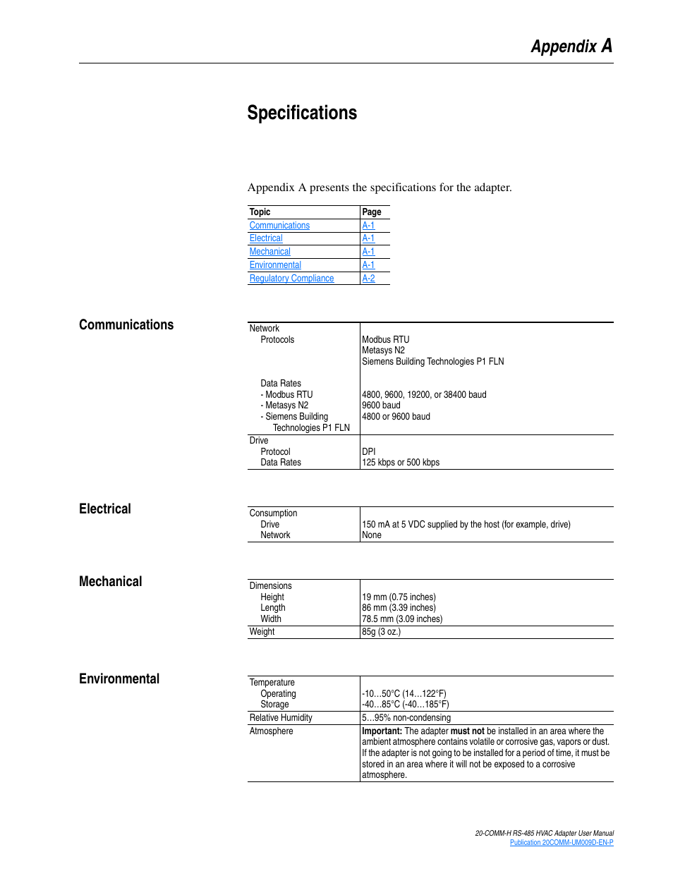 Appendix a, Specifications, Communications | Electrical, Mechanical, Environmental, Aspecifications | Rockwell Automation 20-COMM-H RS485 HVAC Adapter FRN 2.xxx User Manual | Page 81 / 100