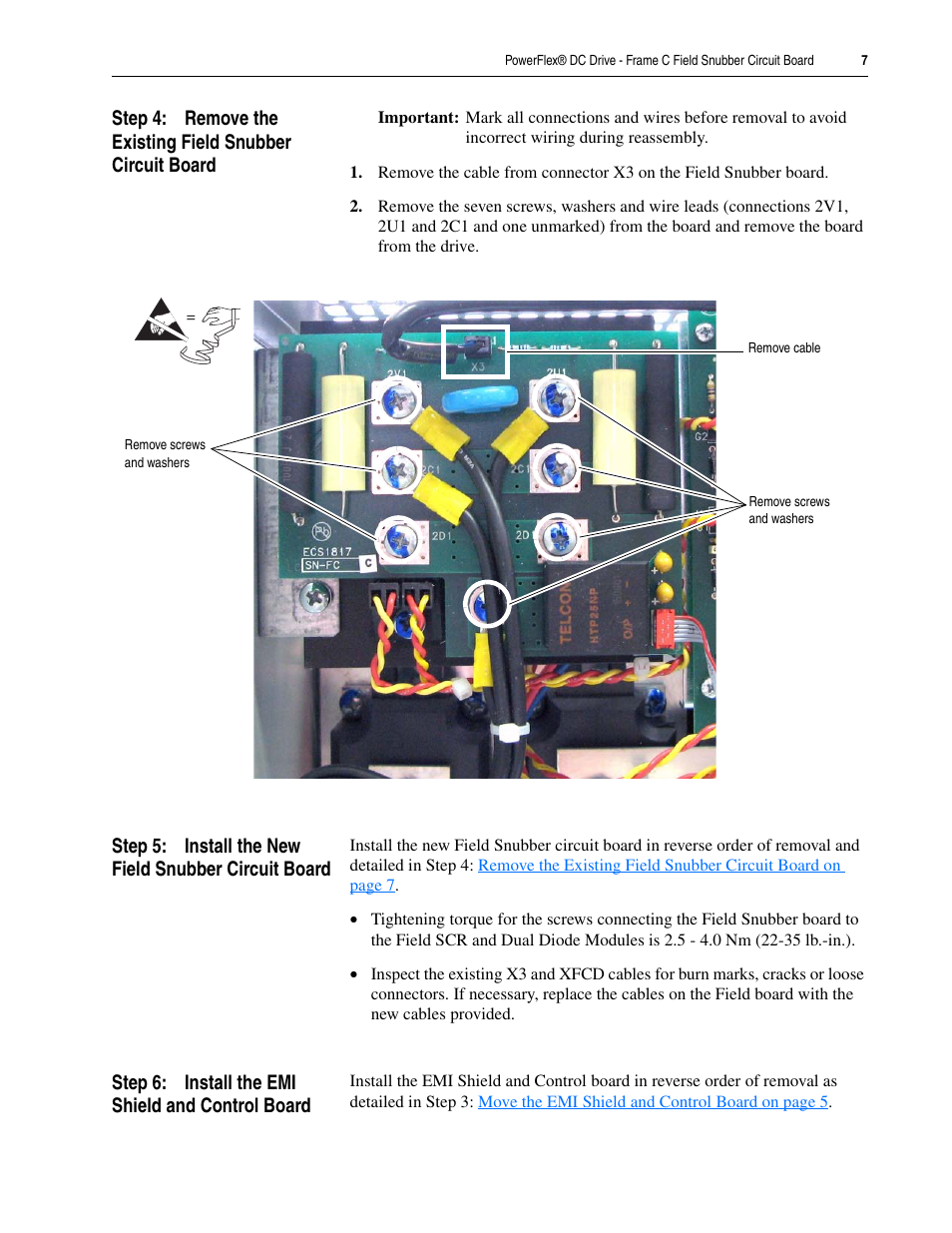 Step 6: install the emi shield and control board | Rockwell Automation 20P PowerFlex DC Drive - Frame C Field Snubber Circuit Board User Manual | Page 7 / 8