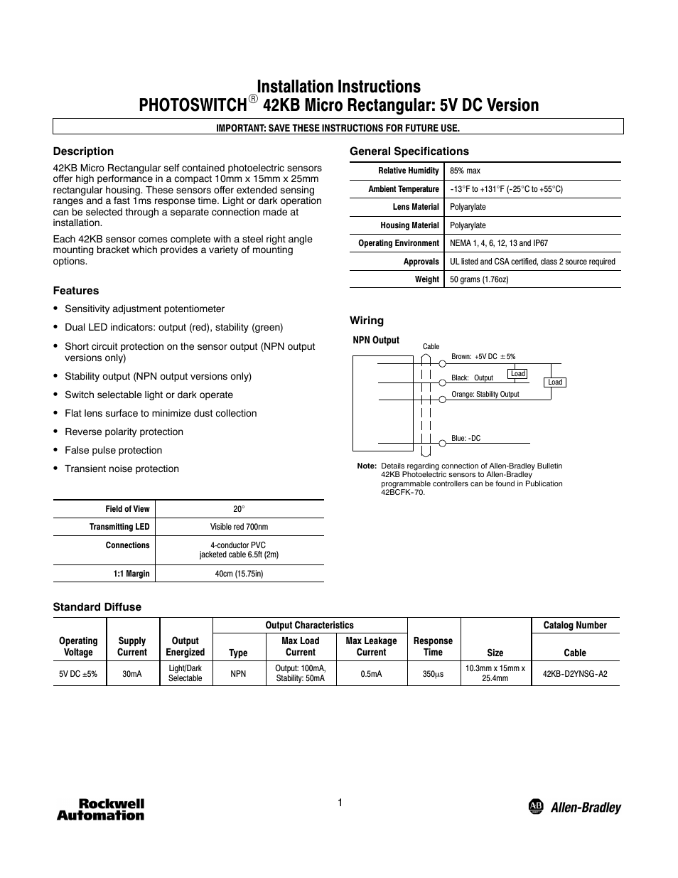 Rockwell Automation 42KB-D2YNSG-A2 PHOTOSWITCH Micro Rectangular: 5V DC Version Installation User Manual | 2 pages