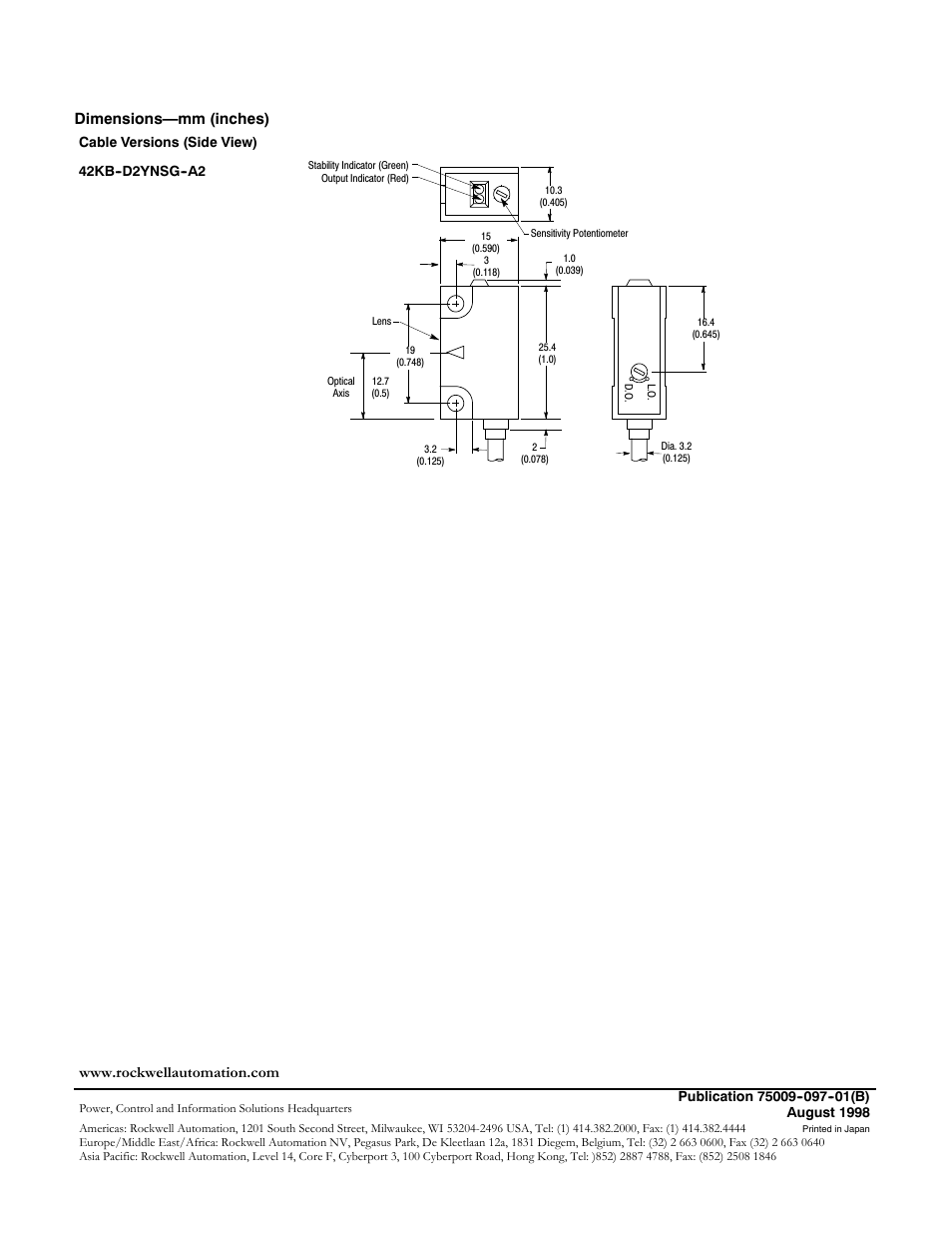 Dimensions—mm (inches) | Rockwell Automation 42KB-D2YNSG-A2 PHOTOSWITCH Micro Rectangular: 5V DC Version Installation User Manual | Page 2 / 2