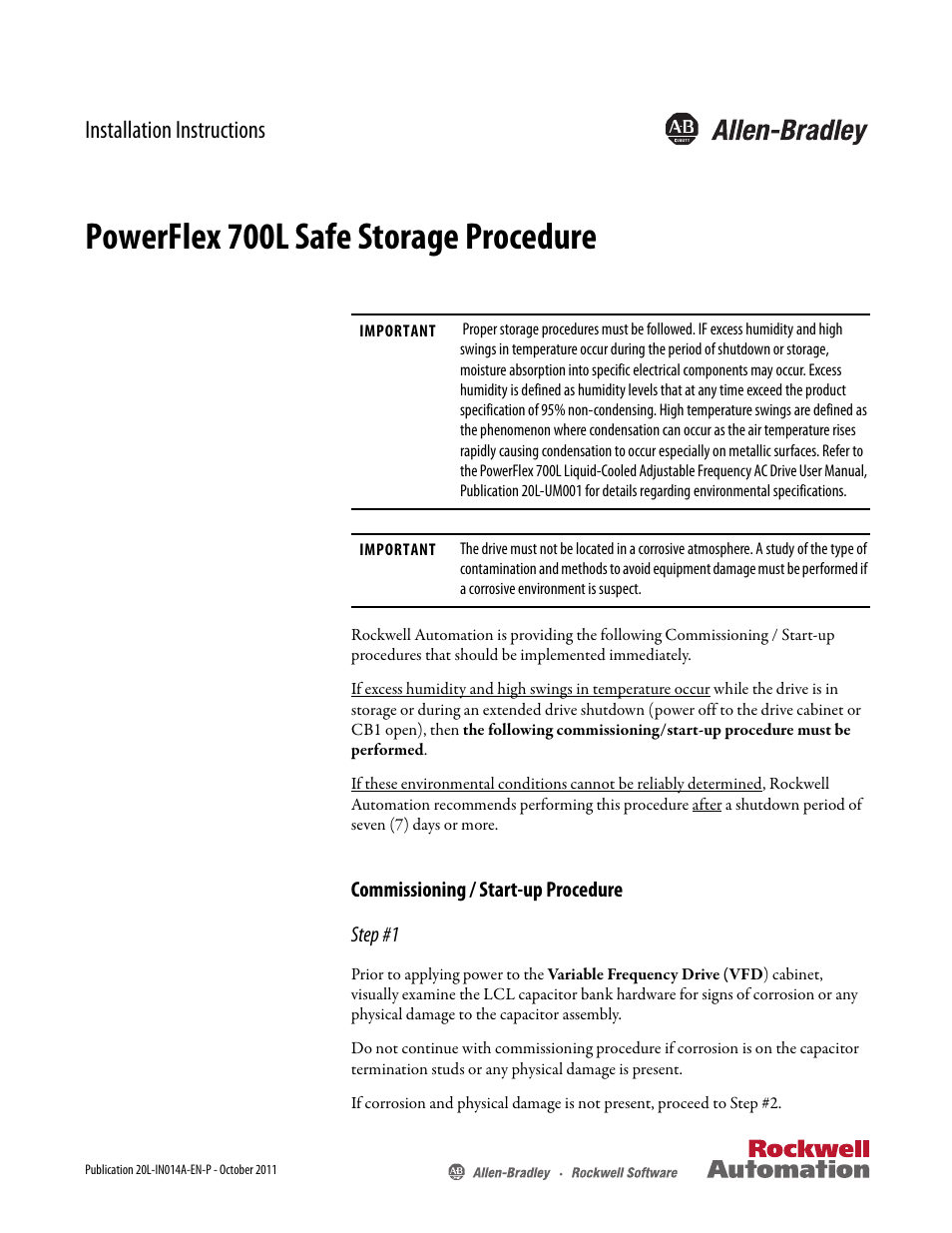 Rockwell Automation 20L PowerFlex 700L Safe Storage User Manual | 2 pages