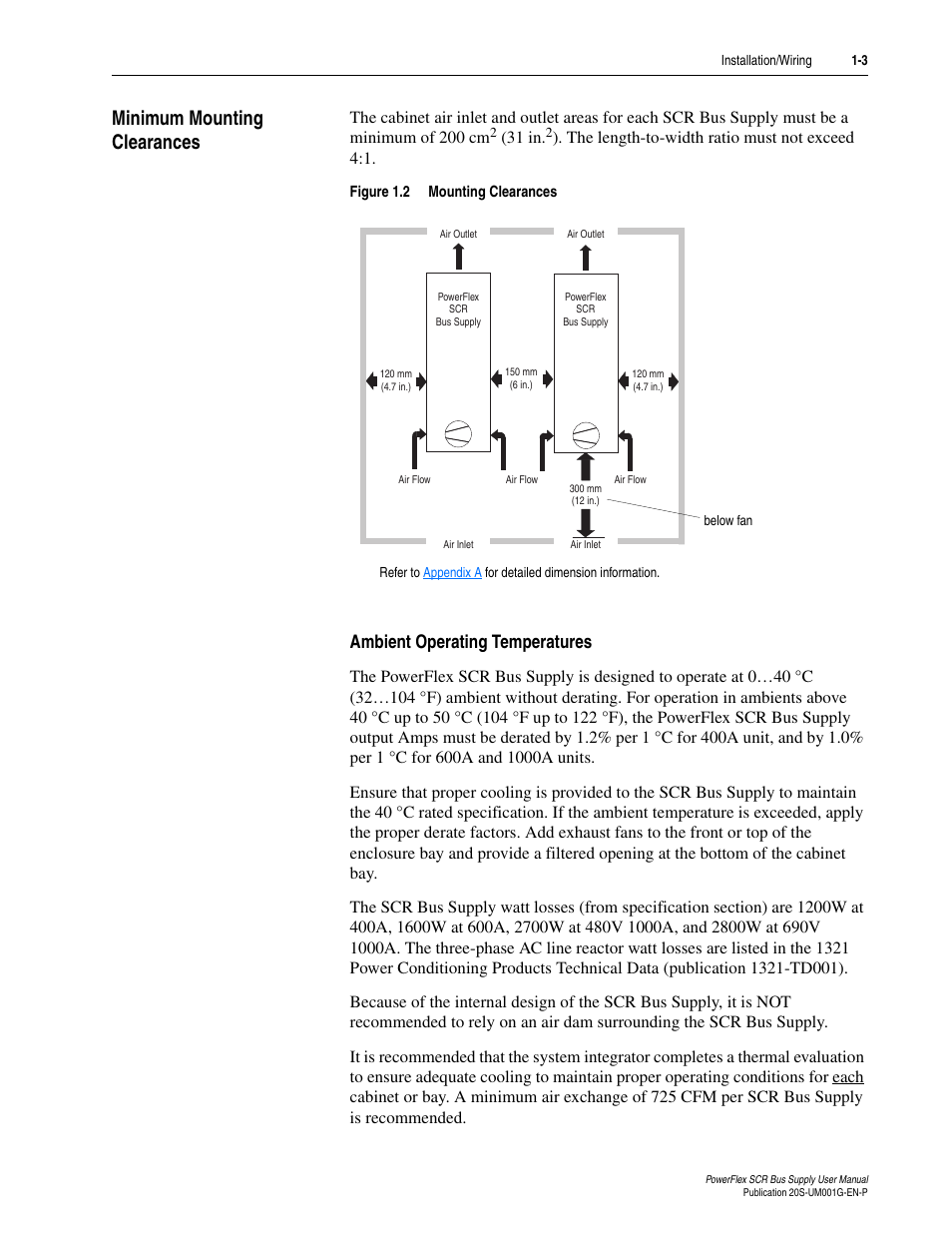 Minimum mounting clearances, Ambient operating temperatures, Minimum mounting clearances -3 | Rockwell Automation 20G PowerFlex SCR Bus Supply User Manual | Page 17 / 68