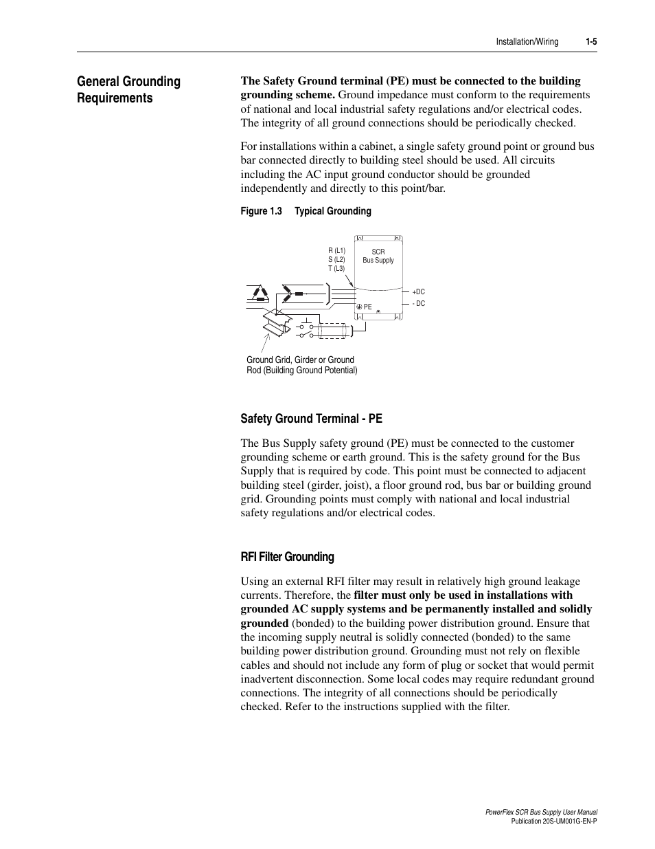 General grounding requirements, Safety ground terminal - pe, Rfi filter grounding | General grounding requirements -5 | Rockwell Automation 20G PowerFlex SCR Bus Supply User Manual | Page 19 / 68