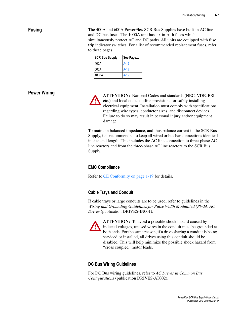 Fusing, Power wiring, Emc compliance | Cable trays and conduit, Dc bus wiring guidelines, Fusing -7 power wiring -7 | Rockwell Automation 20G PowerFlex SCR Bus Supply User Manual | Page 21 / 68