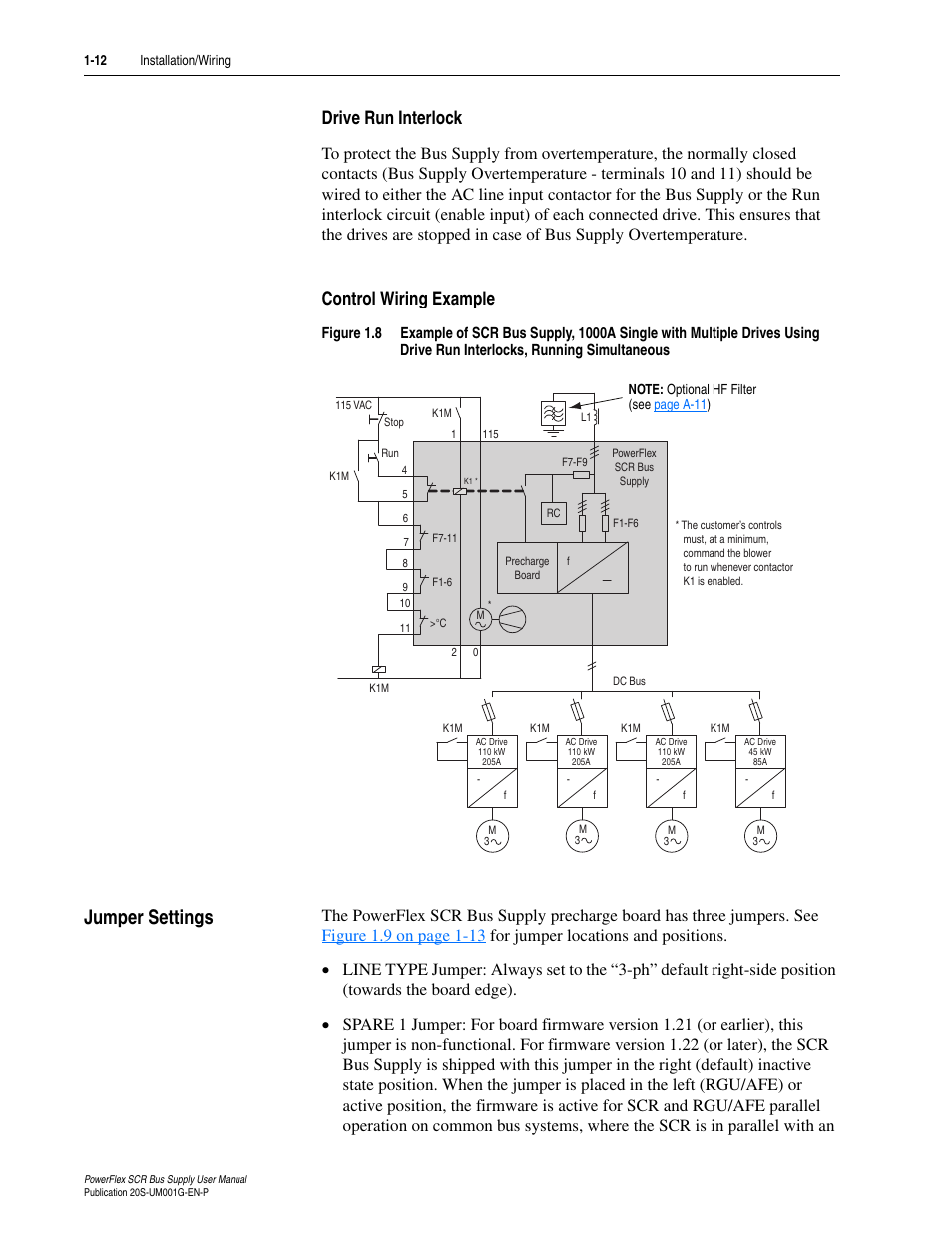 Drive run interlock, Control wiring example, Jumper settings | Jumper settings -12 | Rockwell Automation 20G PowerFlex SCR Bus Supply User Manual | Page 26 / 68