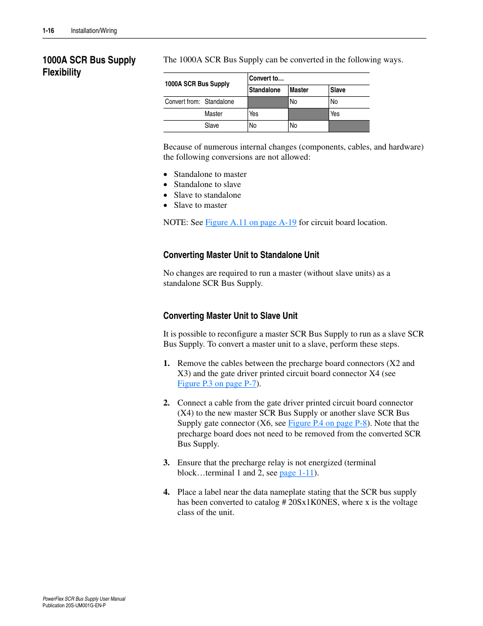 1000a scr bus supply flexibility, Converting master unit to standalone unit, Converting master unit to slave unit | 1000a scr bus supply flexibility -16 | Rockwell Automation 20G PowerFlex SCR Bus Supply User Manual | Page 30 / 68