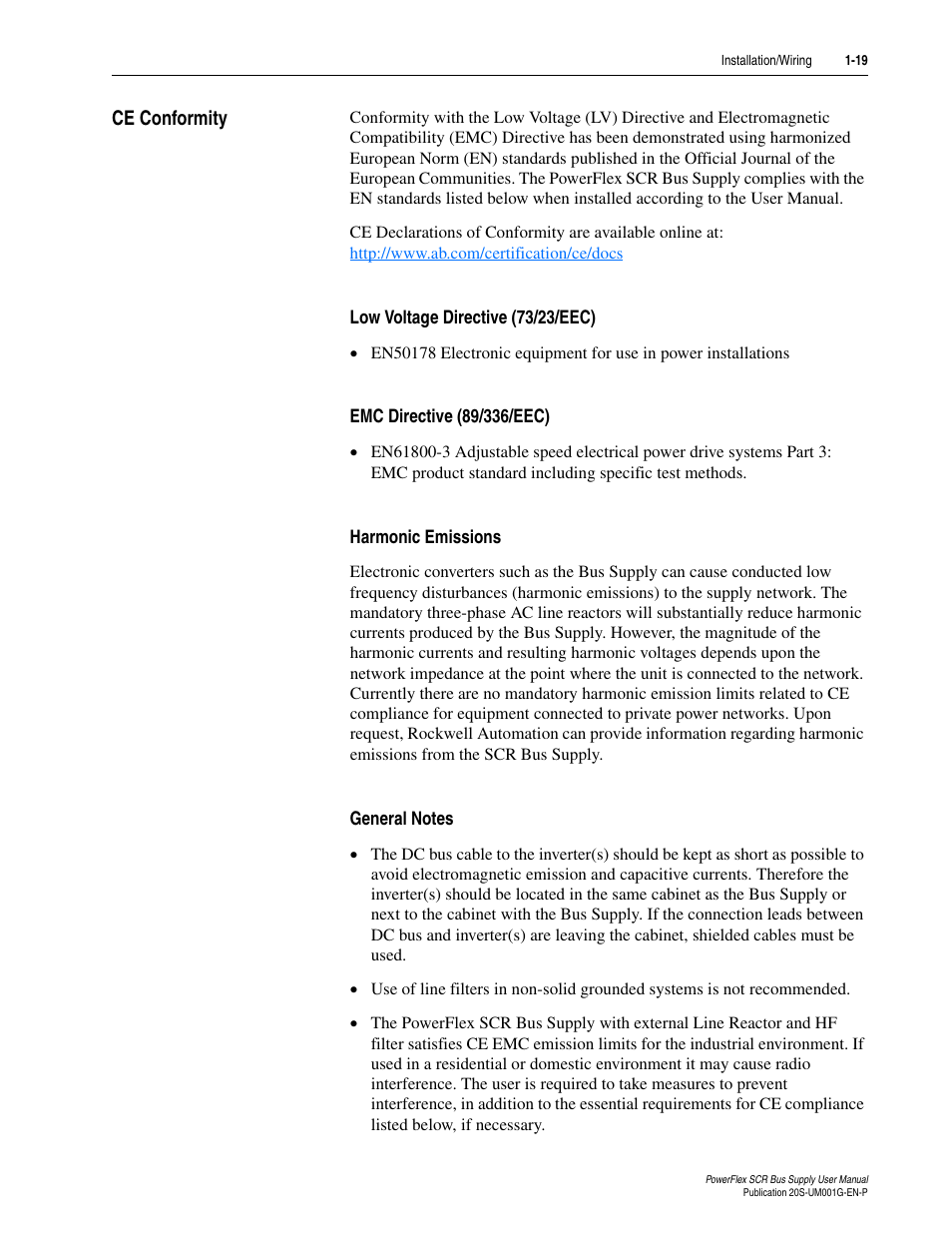 Ce conformity, Low voltage directive (73/23/eec), Emc directive (89/336/eec) | Harmonic emissions, General notes, Ce conformity -19 | Rockwell Automation 20G PowerFlex SCR Bus Supply User Manual | Page 33 / 68
