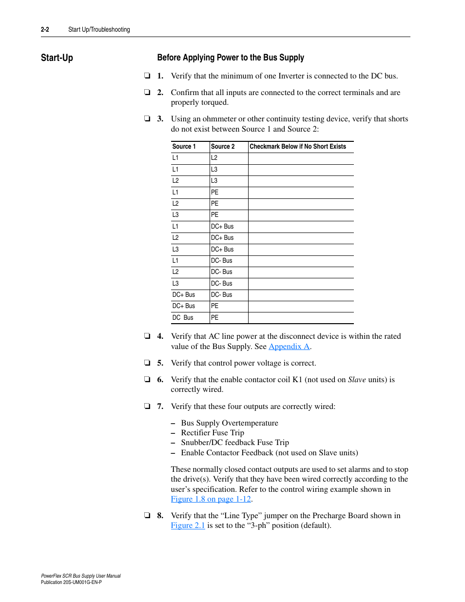 Start-up, Before applying power to the bus supply, Start-up -2 | Rockwell Automation 20G PowerFlex SCR Bus Supply User Manual | Page 36 / 68