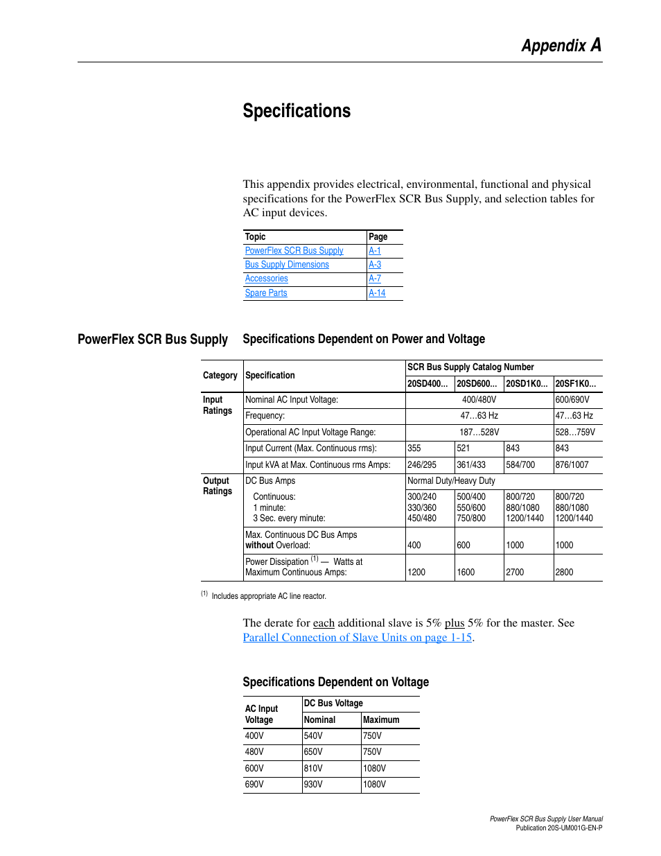 Appendix a, Specifications, Powerflex scr bus supply | Specifications dependent on power and voltage, Specifications dependent on voltage, R to, Output ratings, Aspecifications, Appendix | Rockwell Automation 20G PowerFlex SCR Bus Supply User Manual | Page 43 / 68