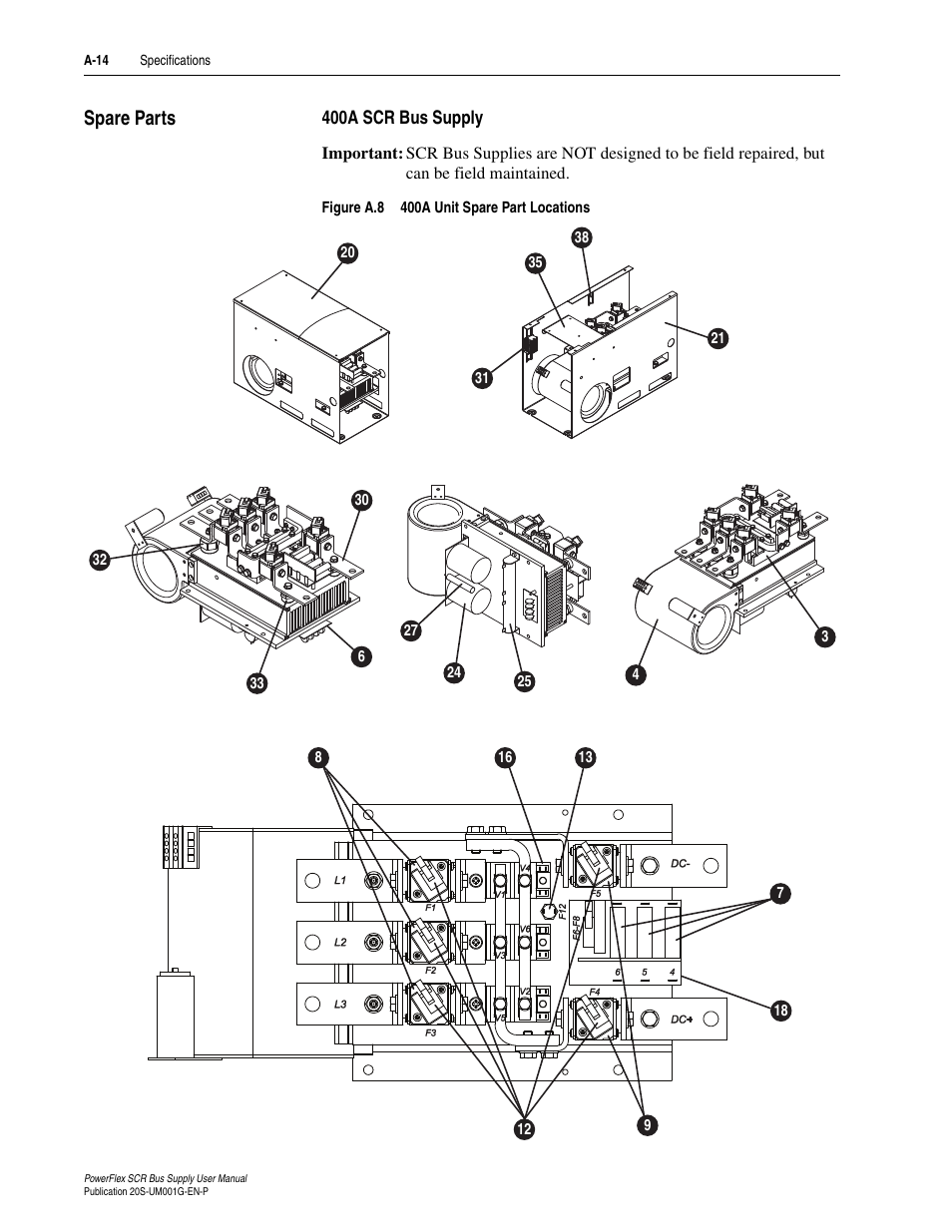 Spare parts, 400a scr bus supply, A-14 | Rockwell Automation 20G PowerFlex SCR Bus Supply User Manual | Page 56 / 68