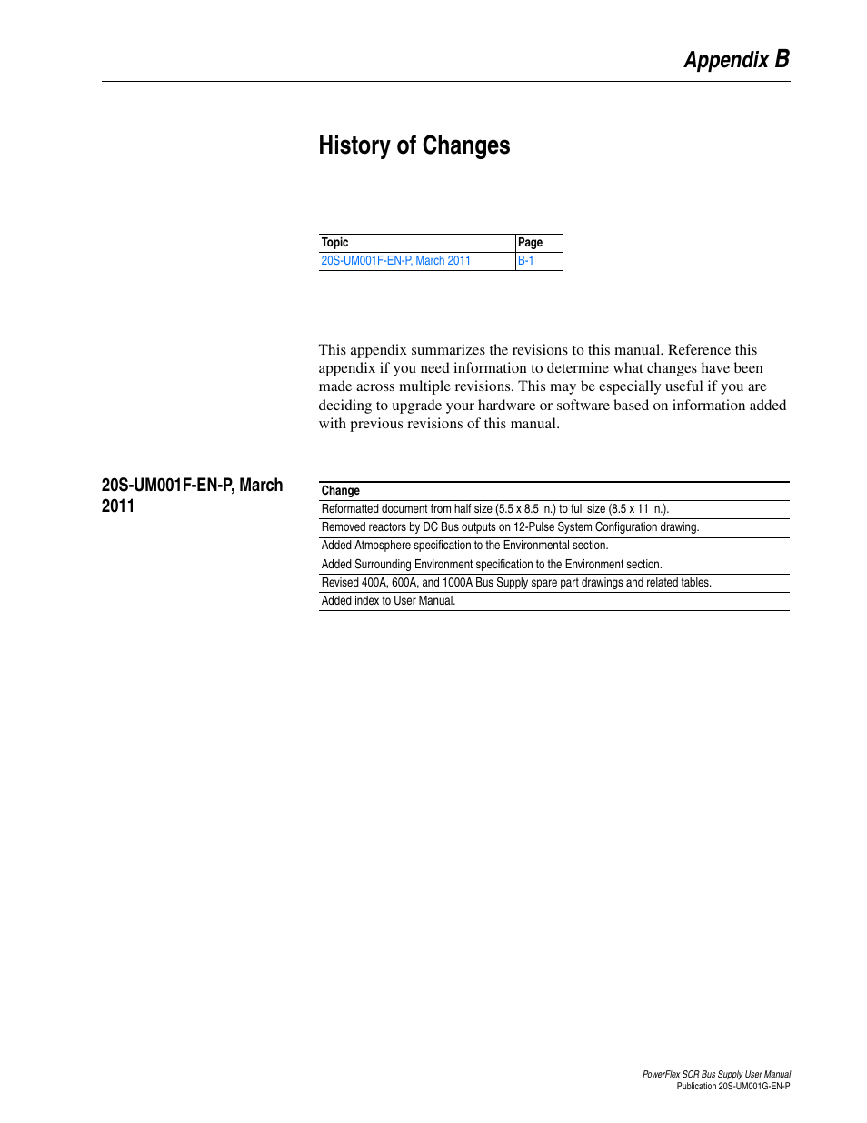 Appendix b, History of changes, 20s-um001f-en-p, march 2011 | Rockwell Automation 20G PowerFlex SCR Bus Supply User Manual | Page 63 / 68