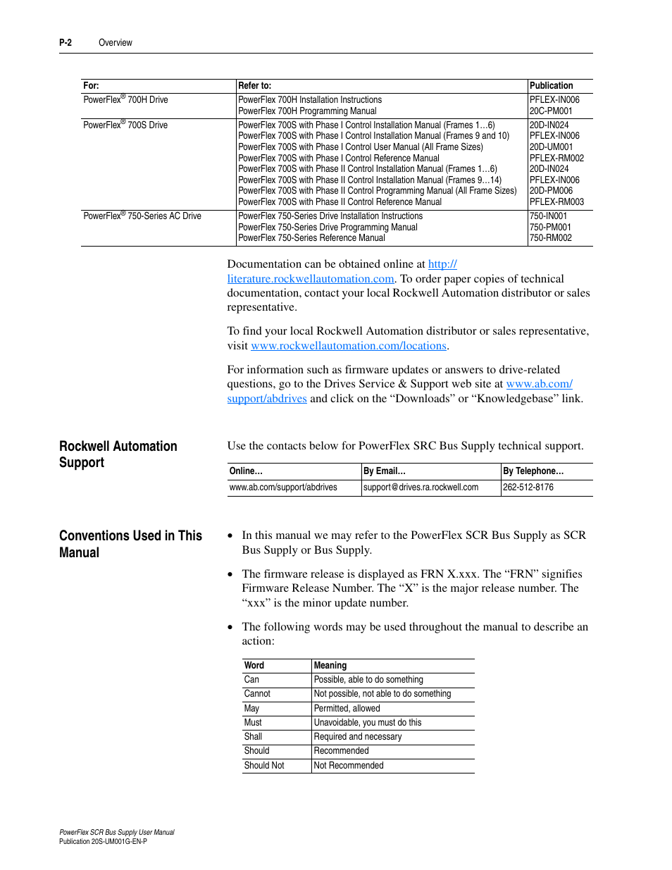 Rockwell automation support, Conventions used in this manual | Rockwell Automation 20G PowerFlex SCR Bus Supply User Manual | Page 8 / 68