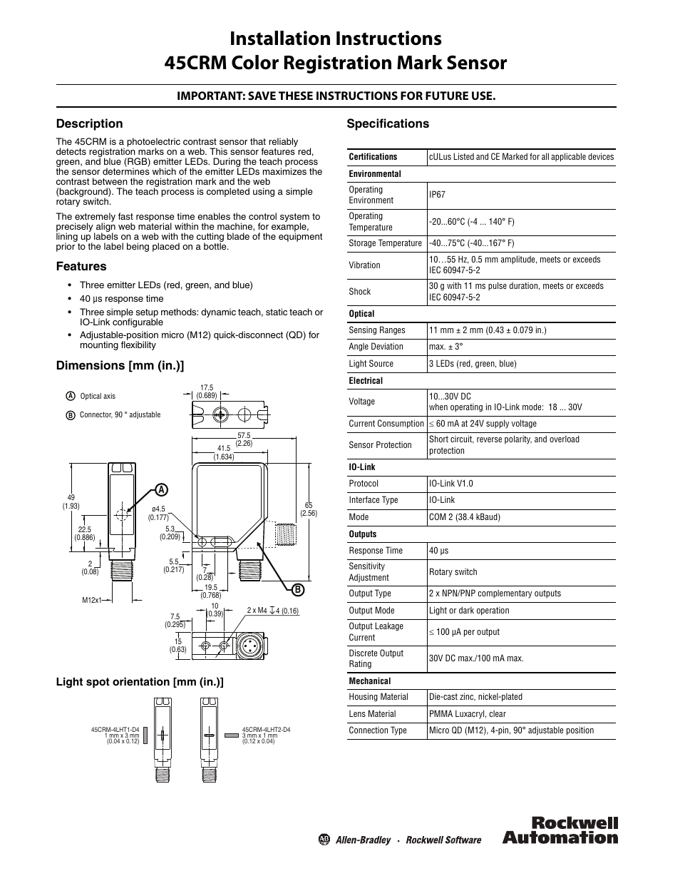 Rockwell Automation 45CRM Color Registration Mark Sensor User Manual | 2 pages