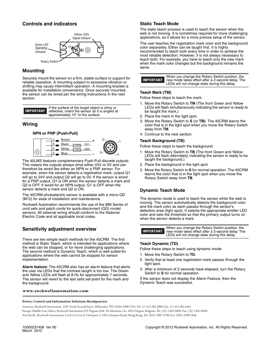 Controls and indicators mounting, Wiring, Sensitivity adjustment overview | Rockwell Automation 45CRM Color Registration Mark Sensor User Manual | Page 2 / 2