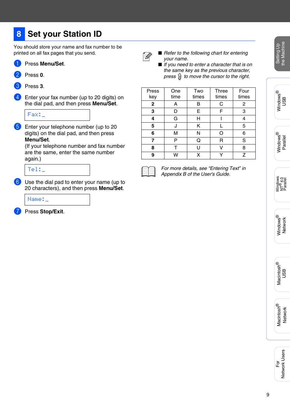 8 set your station id, Set your station id, 8set your station id | Fax:_ tel:_ name | Brother MFC-7225N User Manual | Page 11 / 40