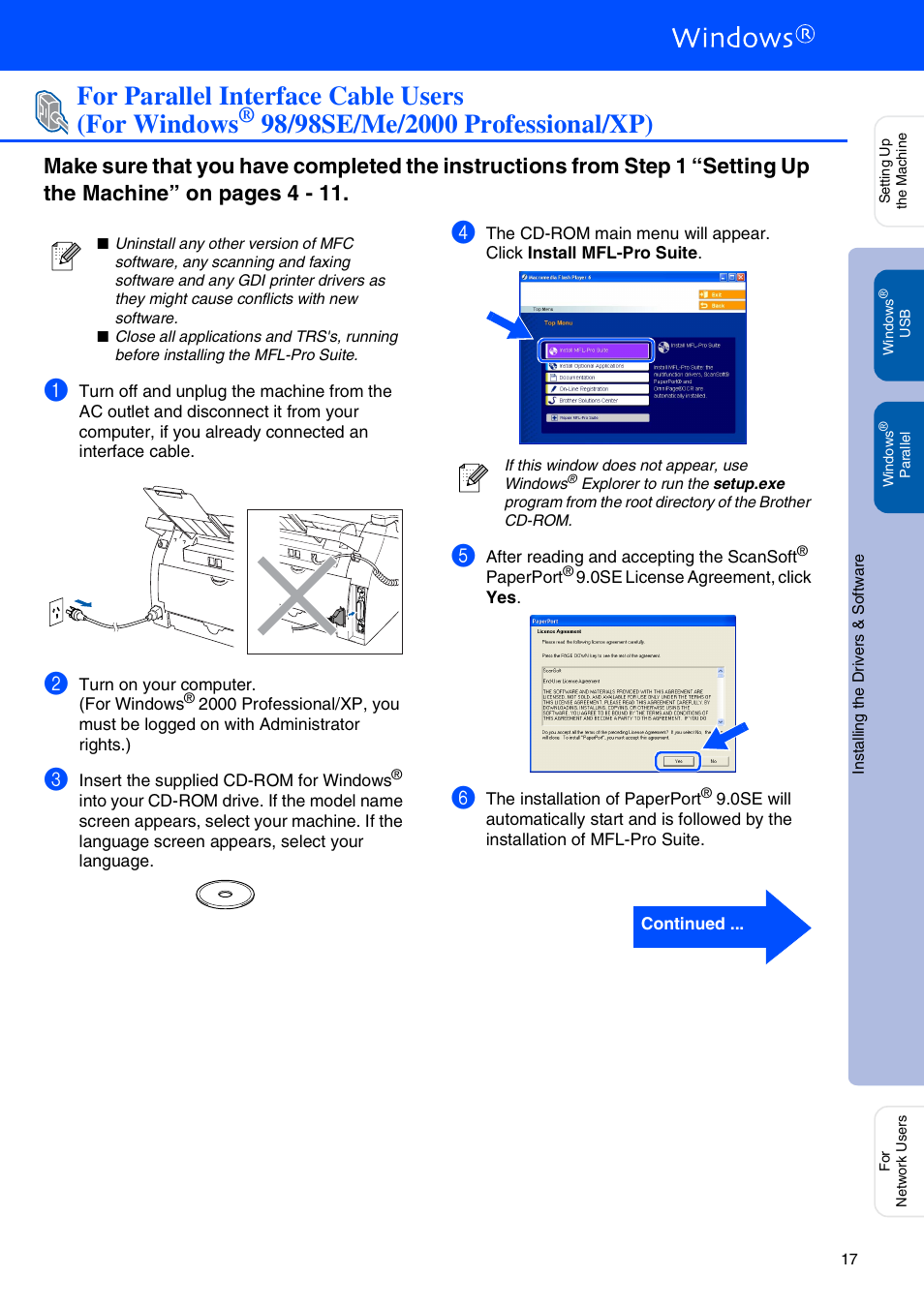 For parallel interface cable users, For windows, 98/98se/me/2000 professional/xp | 98/98se/me/2000 professional/xp), For parallel interface cable users (for windows | Brother MFC-7225N User Manual | Page 19 / 40
