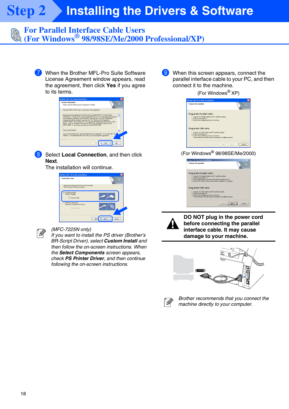 Step 2, Installing the drivers & software, For parallel interface cable users (for windows | Brother MFC-7225N User Manual | Page 20 / 40