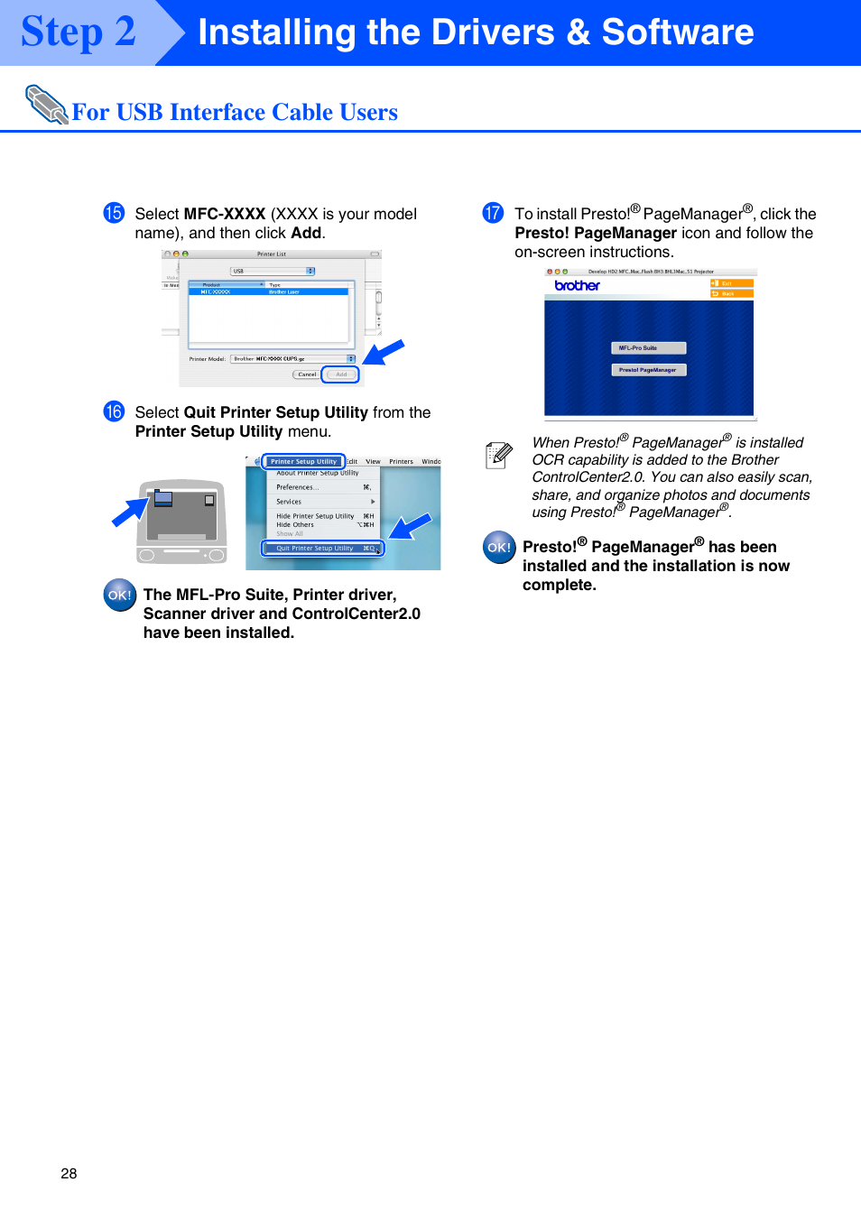 Step 2, Installing the drivers & software, For usb interface cable users | Brother MFC-7225N User Manual | Page 30 / 40