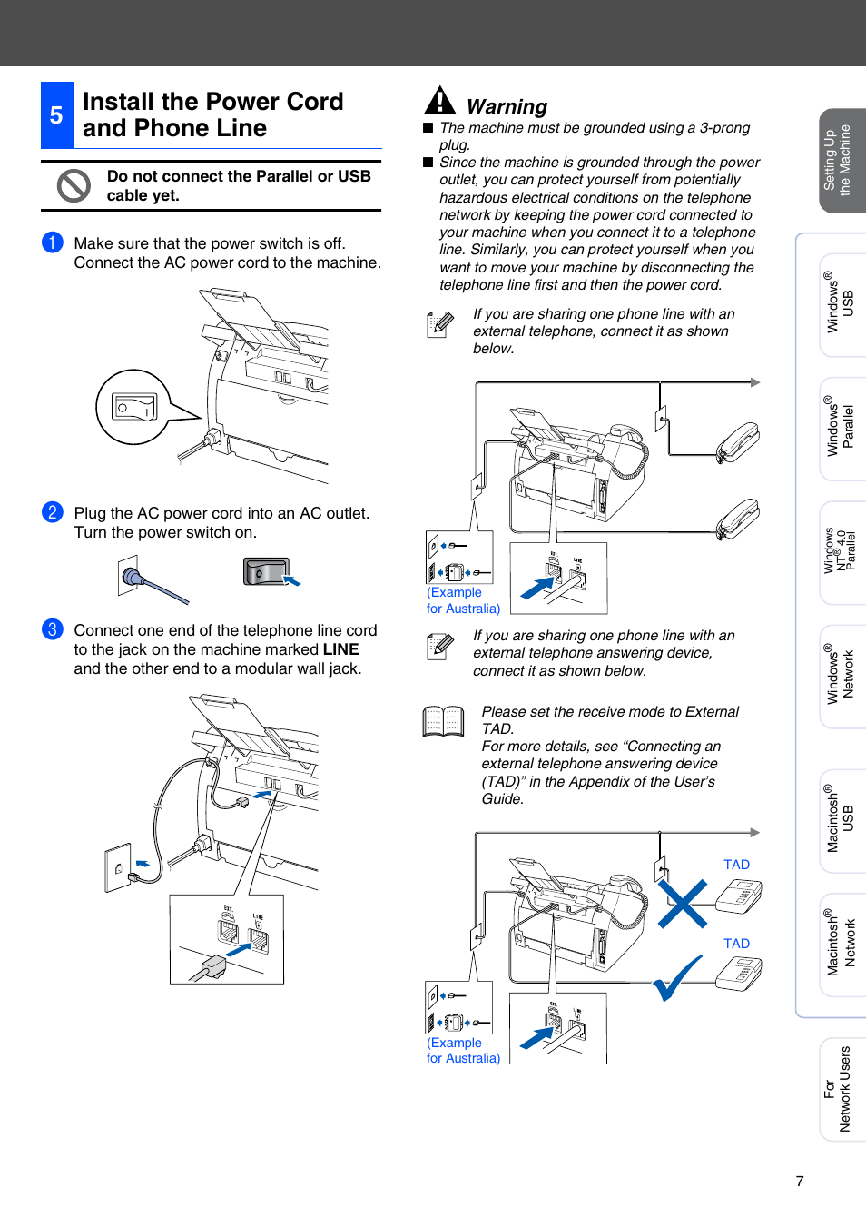 5 install the power cord and phone line, Install the power cord and phone line, 5install the power cord and phone line | Warning | Brother MFC-7225N User Manual | Page 9 / 40