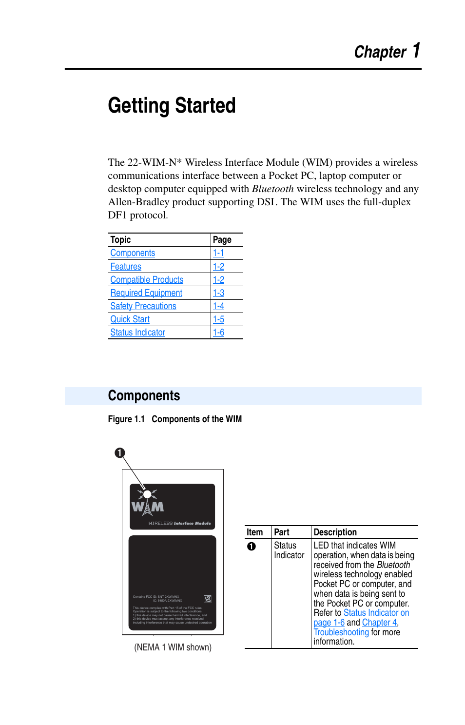 Chapter 1, Getting started, Components | Components -1, 1getting started, Chapter | Rockwell Automation 22-WIM-N1 DSI Wireless Interface Module User Manual | Page 11 / 100