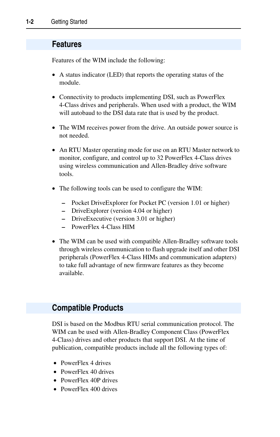 Features, Compatible products, Features -2 compatible products -2 | Rockwell Automation 22-WIM-N1 DSI Wireless Interface Module User Manual | Page 12 / 100