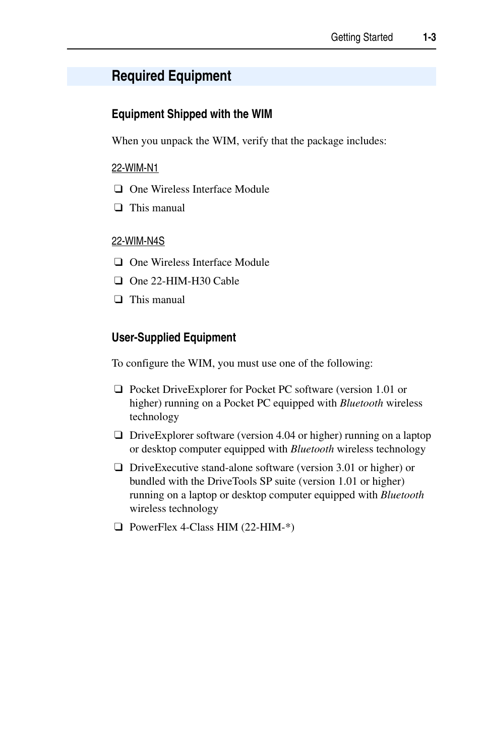 Required equipment, Equipment shipped with the wim, User-supplied equipment | Required equipment -3 | Rockwell Automation 22-WIM-N1 DSI Wireless Interface Module User Manual | Page 13 / 100