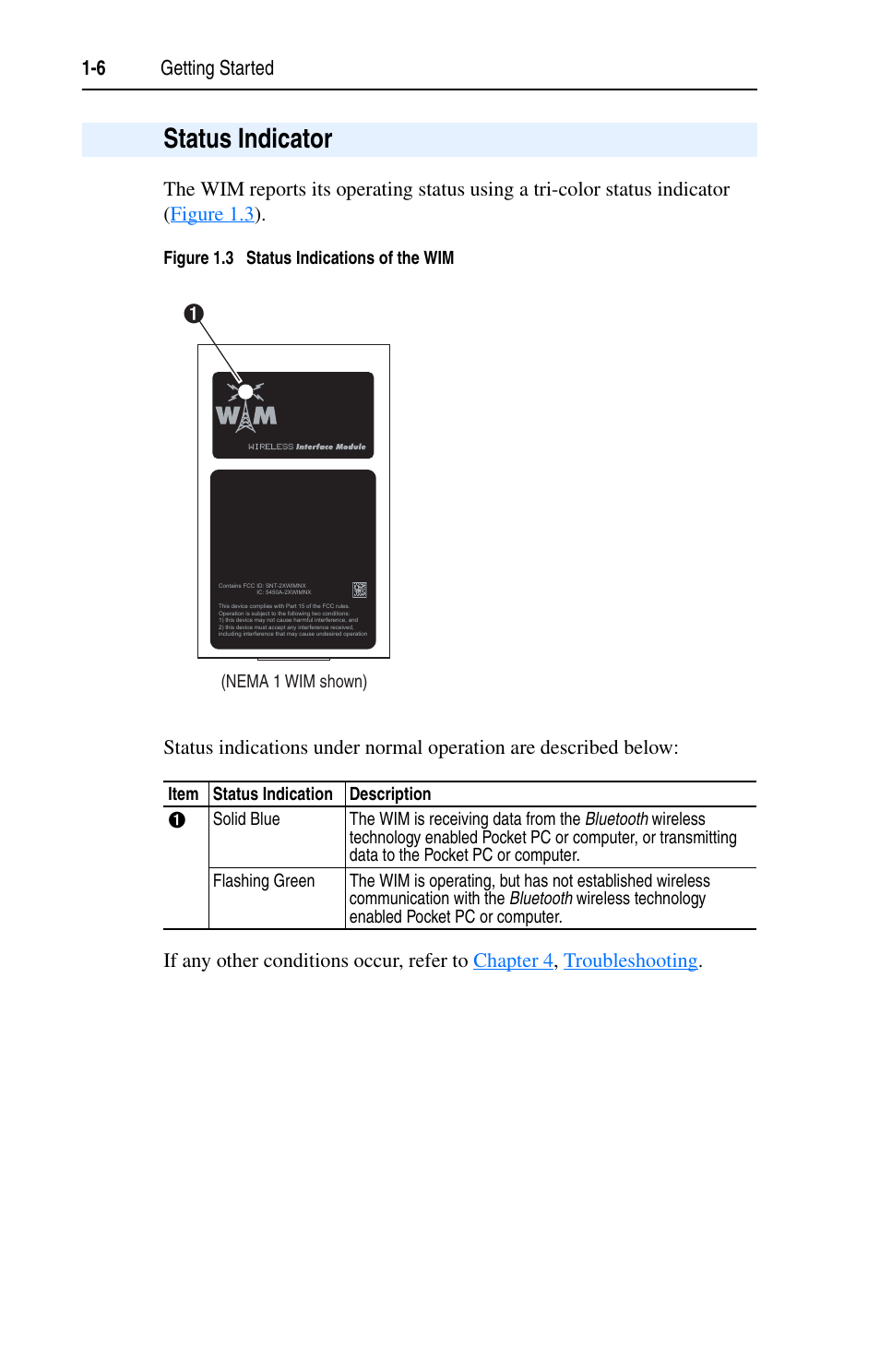 Status indicator, Status indicator -6, Status indicator on | Rockwell Automation 22-WIM-N1 DSI Wireless Interface Module User Manual | Page 16 / 100