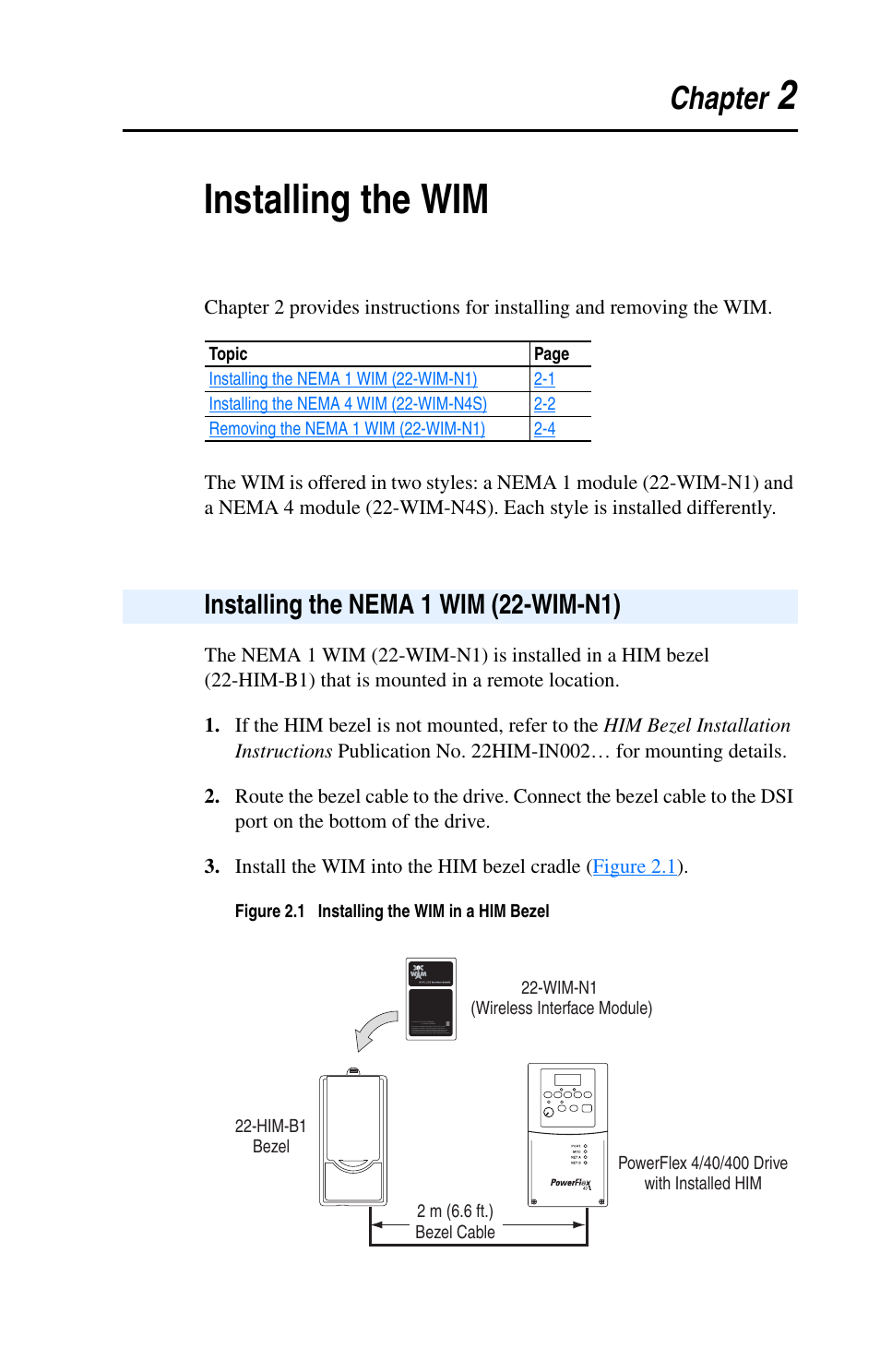 Chapter 2, Installing the wim, Installing the nema 1 wim (22-wim-n1) | Installing the nema 1 wim (22-wim-n1) -1, 2installing the wim, Chapter | Rockwell Automation 22-WIM-N1 DSI Wireless Interface Module User Manual | Page 17 / 100