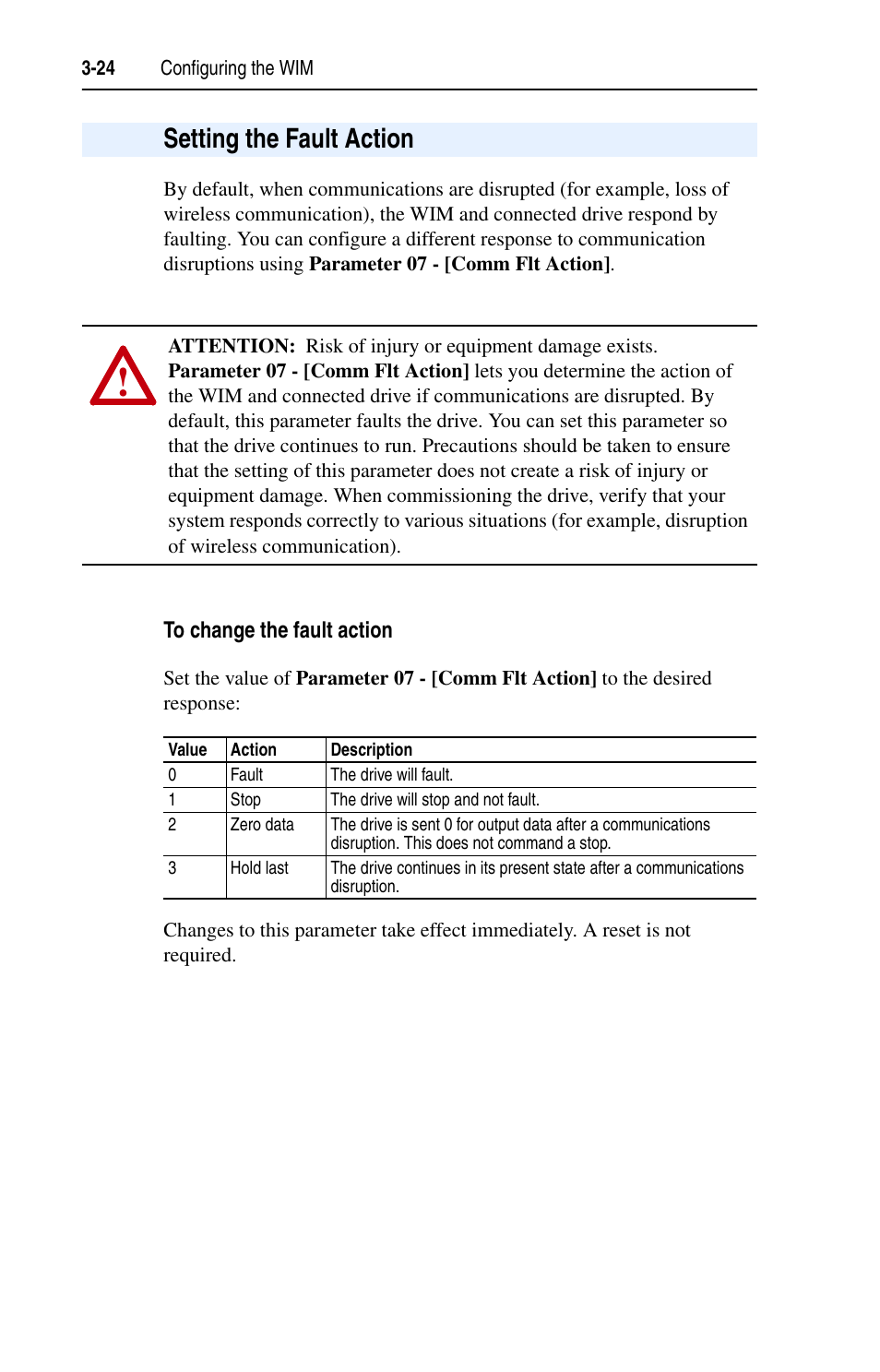 Setting the fault action, To change the fault action, Setting the fault action -24 | Rockwell Automation 22-WIM-N1 DSI Wireless Interface Module User Manual | Page 44 / 100