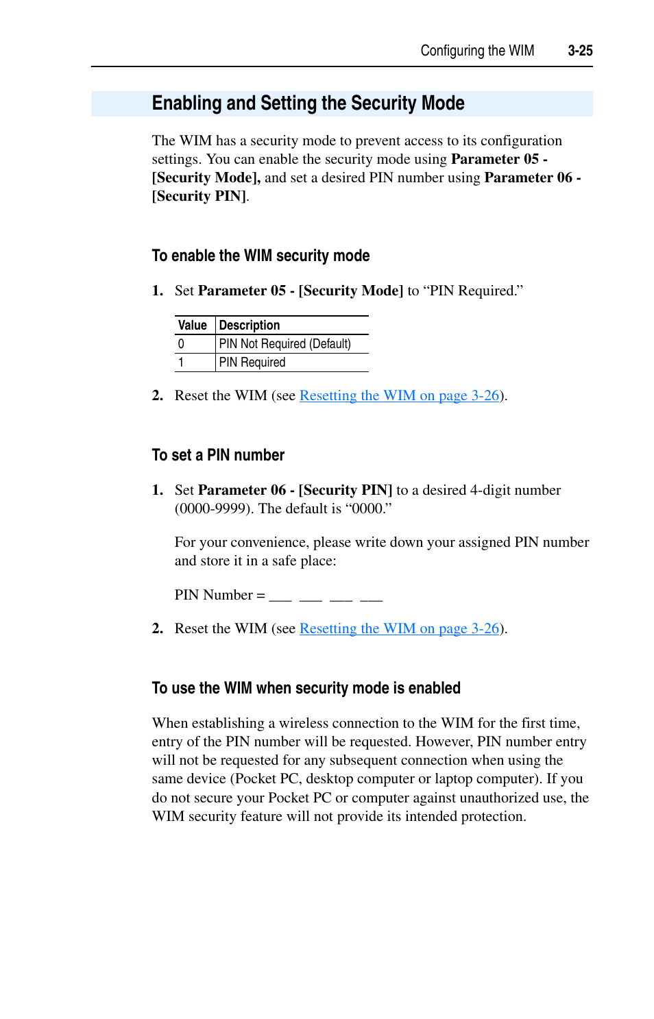 Enabling and setting the security mode, To enable the wim security mode, To set a pin number | To use the wim when security mode is enabled, Enabling and setting the security mode -25 | Rockwell Automation 22-WIM-N1 DSI Wireless Interface Module User Manual | Page 45 / 100
