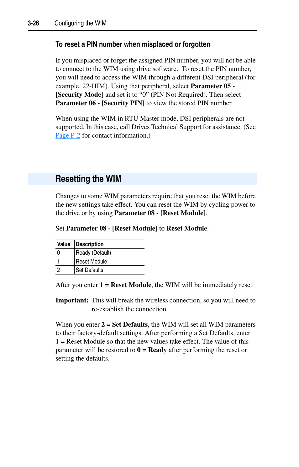 To reset a pin number when misplaced or forgotten, Resetting the wim, Resetting the wim -26 | Rockwell Automation 22-WIM-N1 DSI Wireless Interface Module User Manual | Page 46 / 100