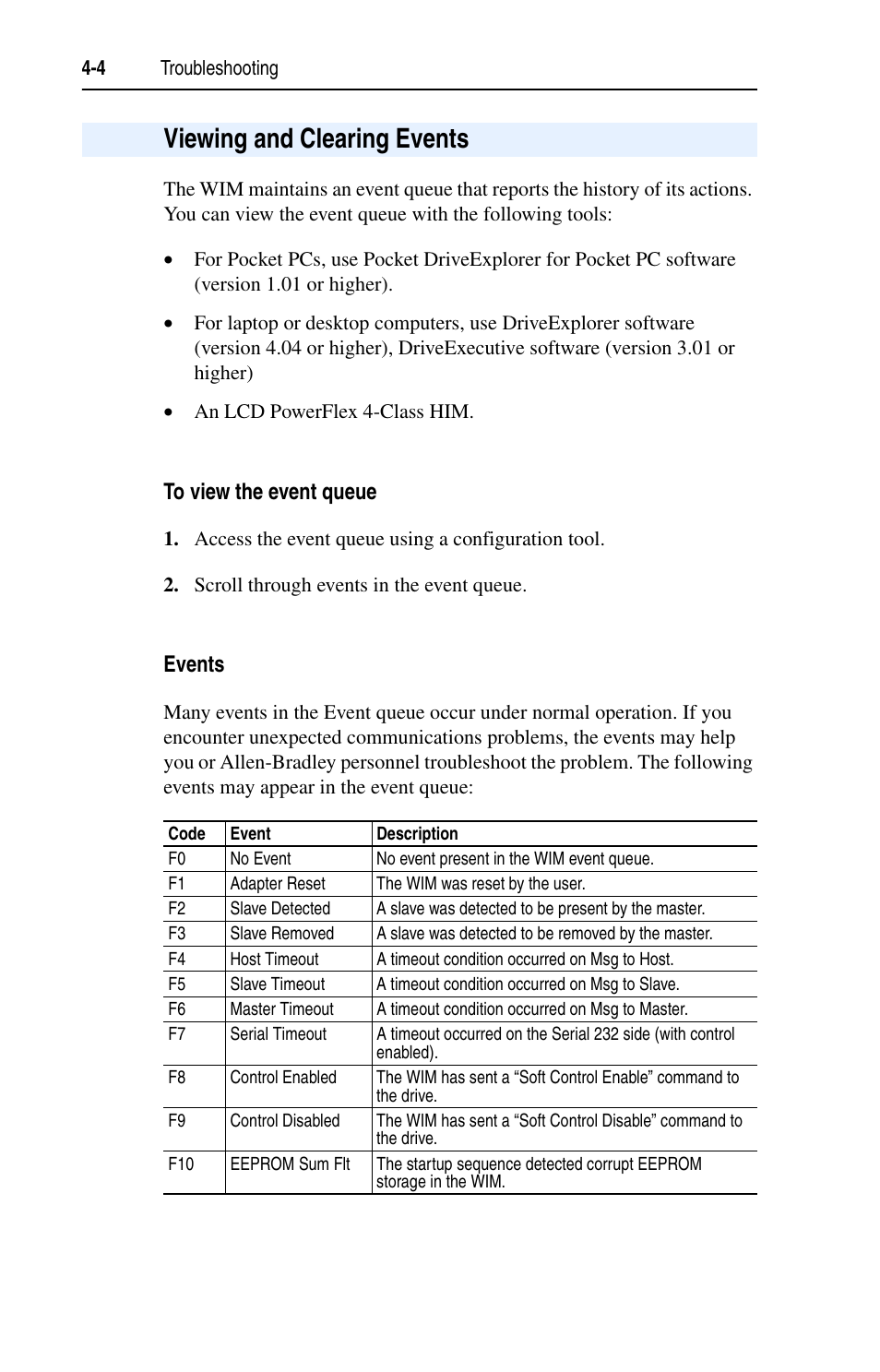 Viewing and clearing events, To view the event queue, Events | Viewing and clearing events -4 | Rockwell Automation 22-WIM-N1 DSI Wireless Interface Module User Manual | Page 50 / 100