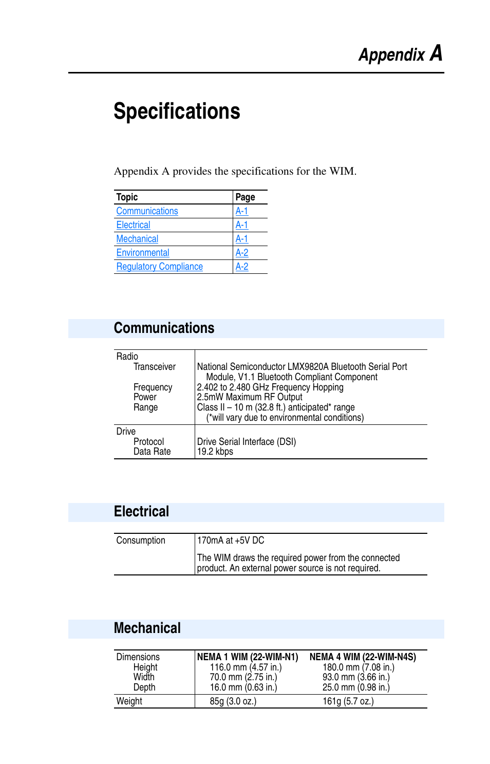 Appendix a, Specifications, Communications | Electrical, Mechanical, Aspecifications, Appendix | Rockwell Automation 22-WIM-N1 DSI Wireless Interface Module User Manual | Page 53 / 100