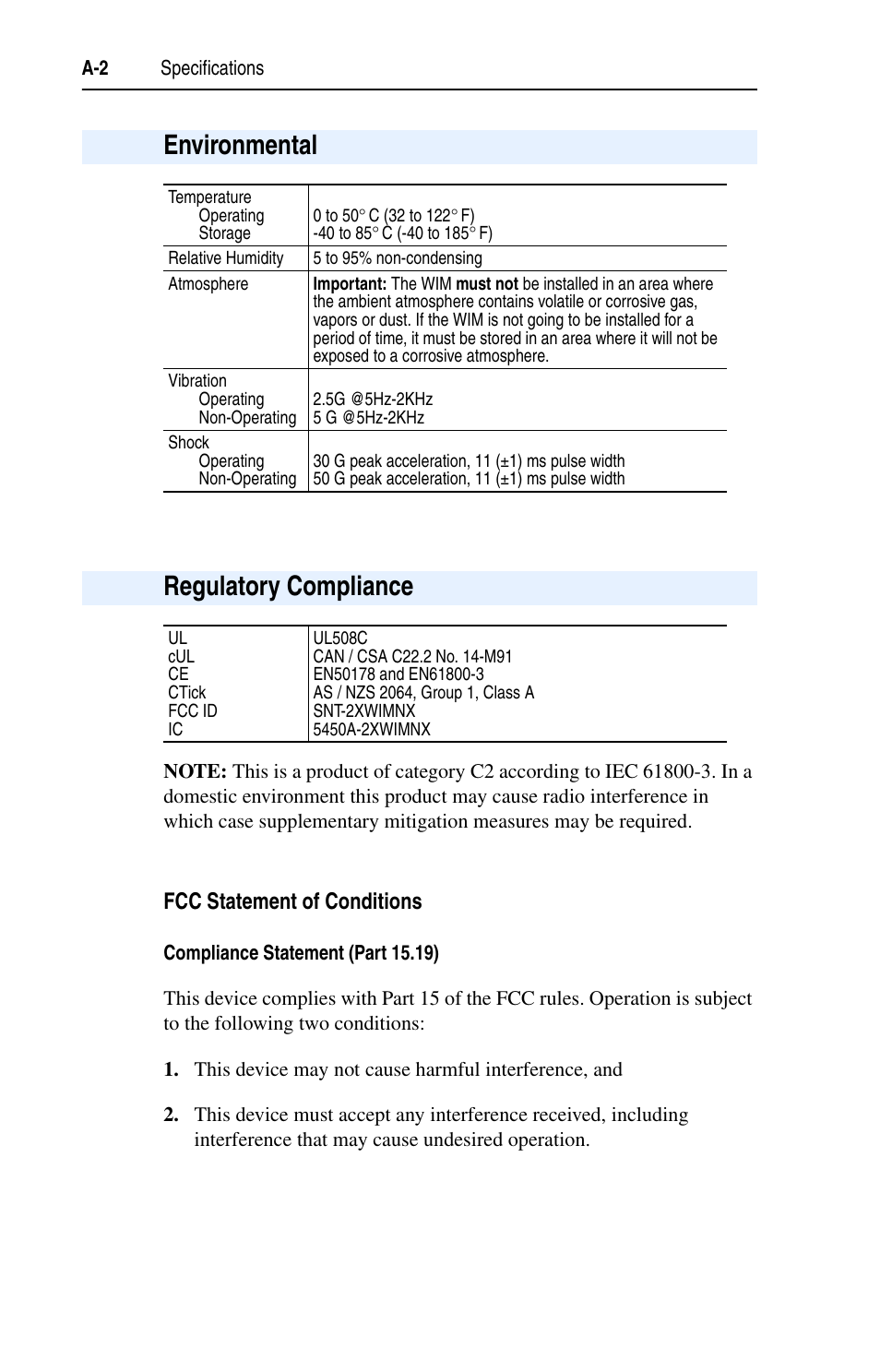 Environmental, Regulatory compliance, Fcc statement of conditions | Rockwell Automation 22-WIM-N1 DSI Wireless Interface Module User Manual | Page 54 / 100