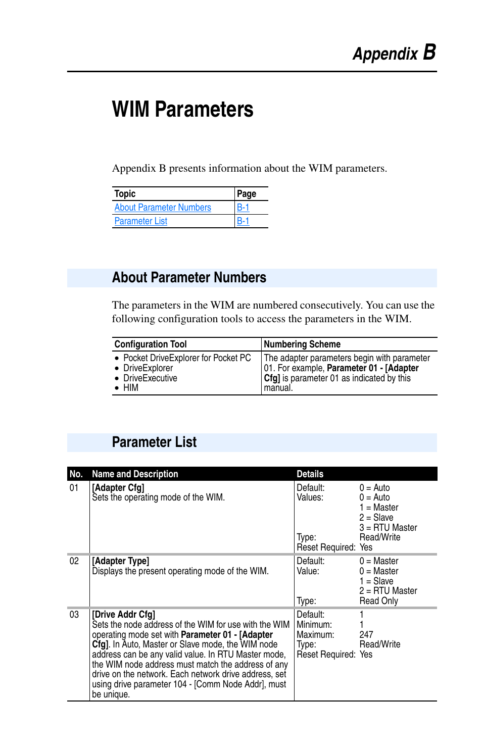 Appendix b, Wim parameters, About parameter numbers | Parameter list, Meters, refer to, Refer to, Parameters, Bwim parameters, Appendix | Rockwell Automation 22-WIM-N1 DSI Wireless Interface Module User Manual | Page 57 / 100