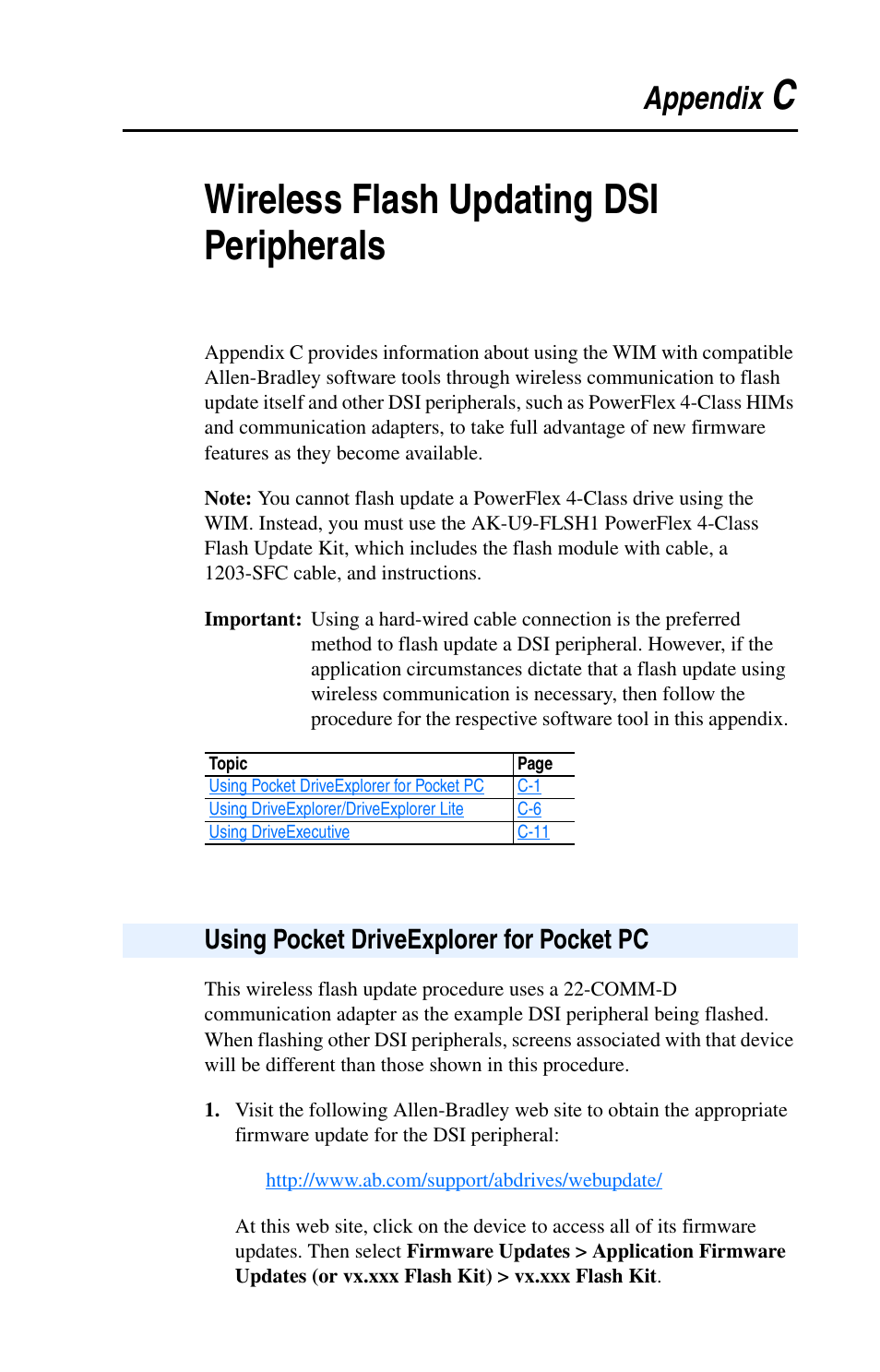 Appendix c, Wireless flash updating dsi peripherals, Using pocket driveexplorer for pocket pc | Cwireless flash updating dsi peripherals | Rockwell Automation 22-WIM-N1 DSI Wireless Interface Module User Manual | Page 59 / 100