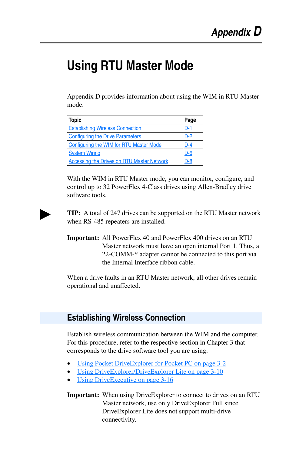 Appendix d, Using rtu master mode, Establishing wireless connection | For d, Dusing rtu master mode | Rockwell Automation 22-WIM-N1 DSI Wireless Interface Module User Manual | Page 75 / 100
