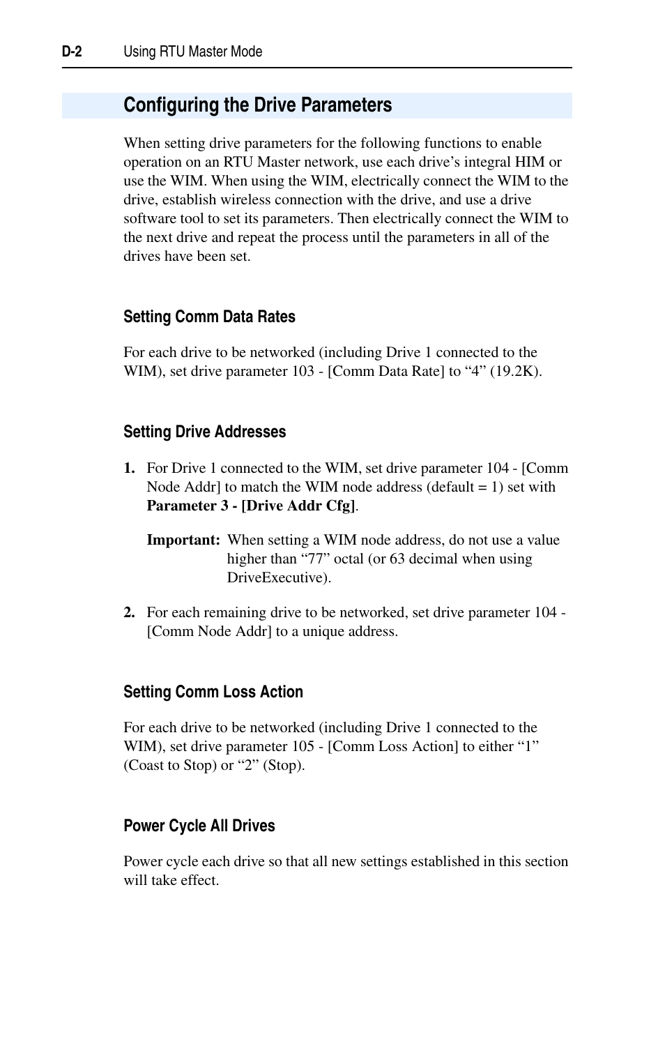 Configuring the drive parameters, Setting comm data rates, Setting drive addresses | Setting comm loss action, Power cycle all drives | Rockwell Automation 22-WIM-N1 DSI Wireless Interface Module User Manual | Page 76 / 100