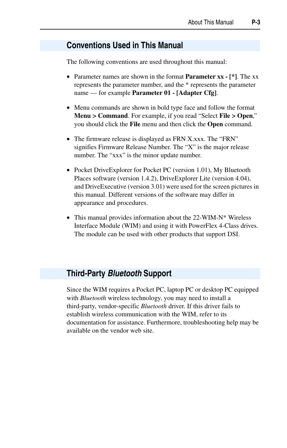 Conventions used in this manual, Third-party bluetooth support | Rockwell Automation 22-WIM-N1 DSI Wireless Interface Module User Manual | Page 9 / 100