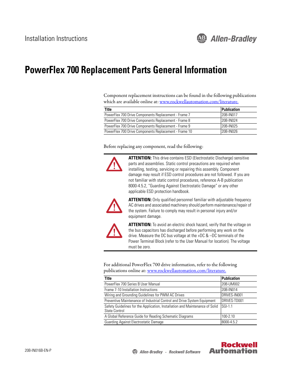 Rockwell Automation 20B PowerFlex 700 Repl. Parts General Info - Frames 7-10 User Manual | 2 pages