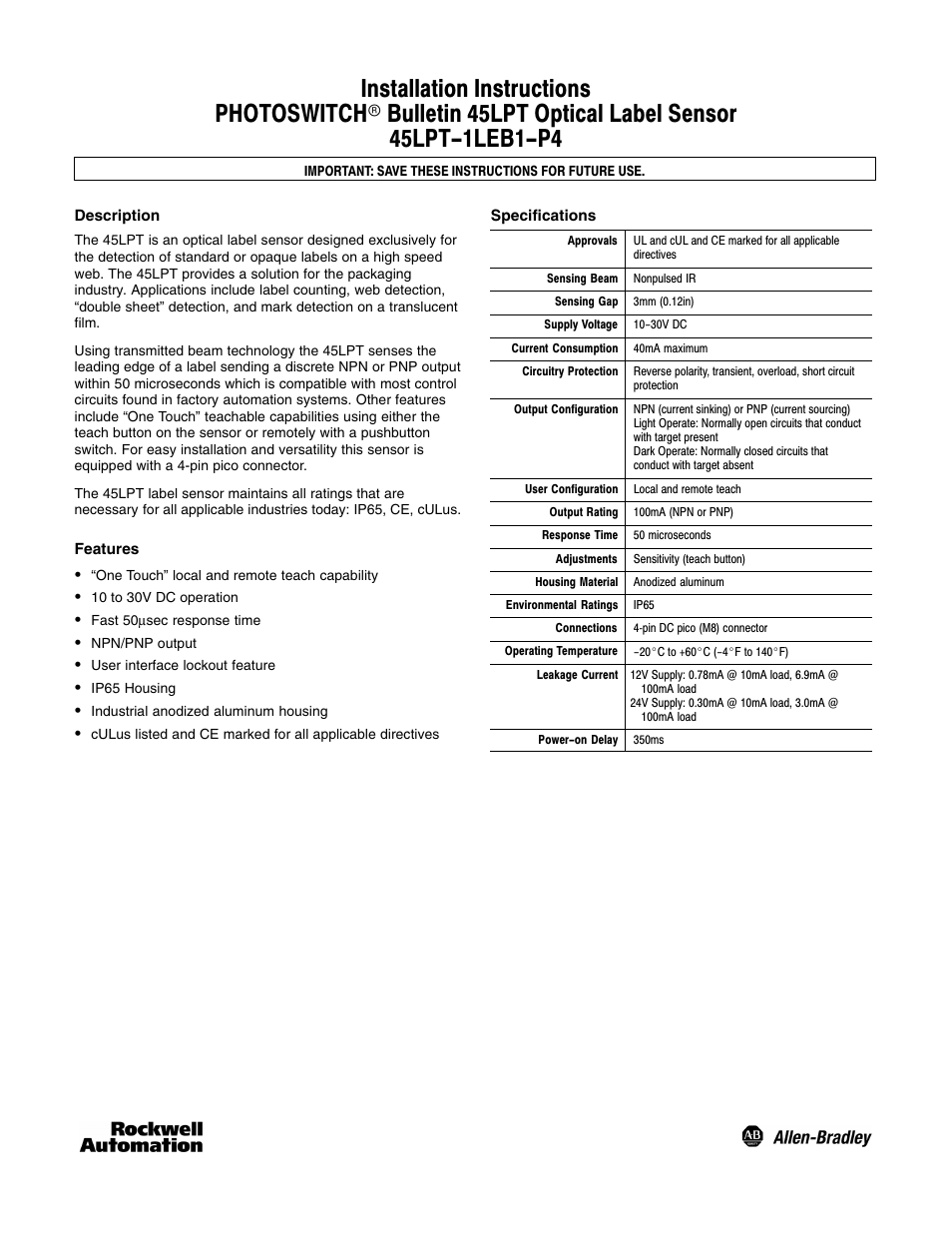 Rockwell Automation 45LPT Optical Label Sensor User Manual | 4 pages