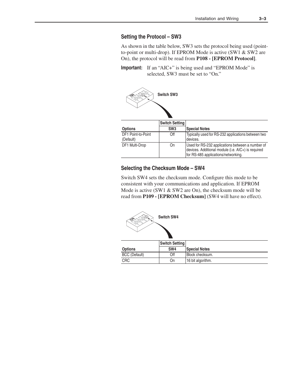 Setting the protocol – sw3, Selecting the checksum mode – sw4 | Rockwell Automation 160 RSI SERIAL COMM MODULE User Manual | Page 13 / 50