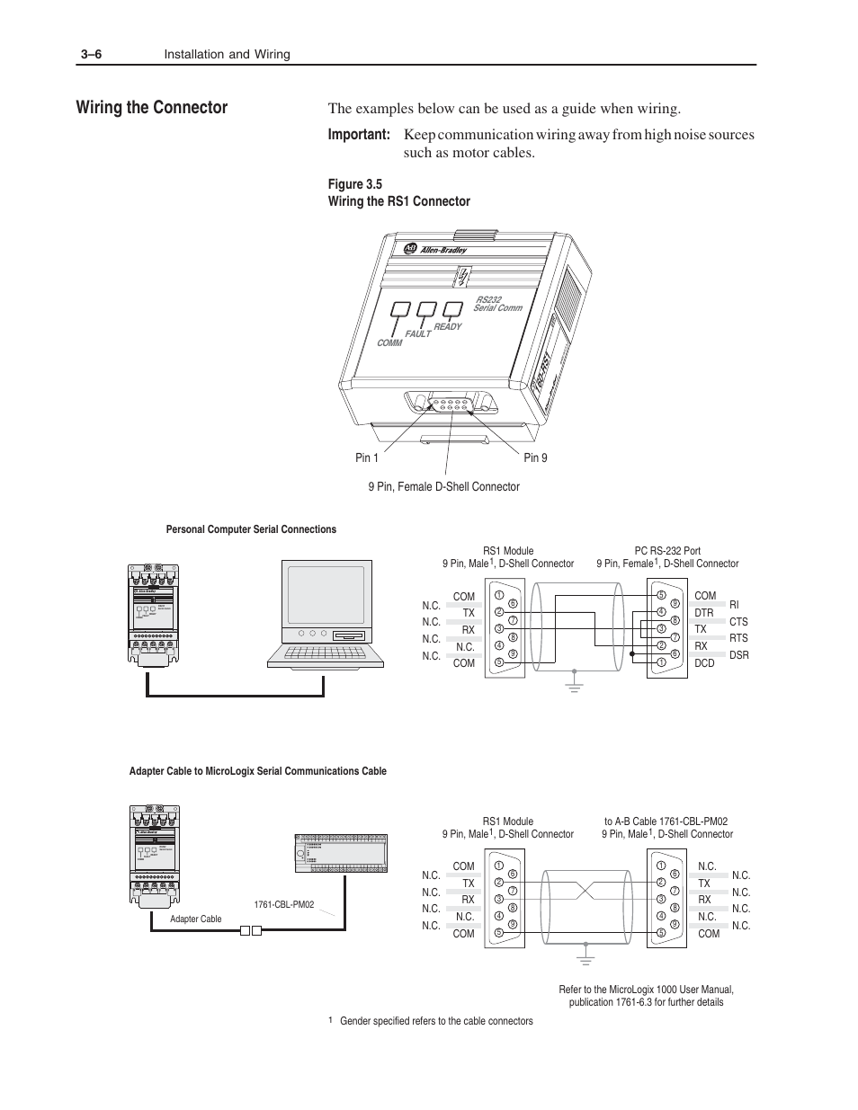 Wiring the connector, Figure 3.5 wiring the rs1 connector, 3–6 installation and wiring | Pin 1 9 pin, female d-shell connector pin 9 | Rockwell Automation 160 RSI SERIAL COMM MODULE User Manual | Page 16 / 50