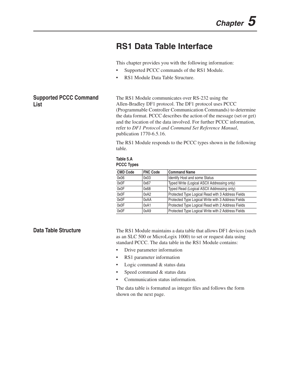 Rs1 data table interface, Chapter | Rockwell Automation 160 RSI SERIAL COMM MODULE User Manual | Page 21 / 50