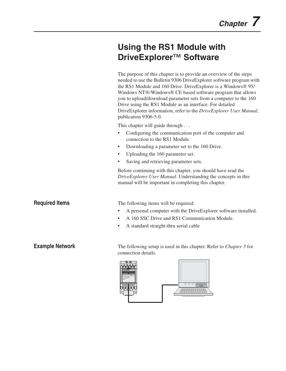 Using the rs1 module with driveexplorer ™ software, Chapter, Required items | Example network | Rockwell Automation 160 RSI SERIAL COMM MODULE User Manual | Page 29 / 50